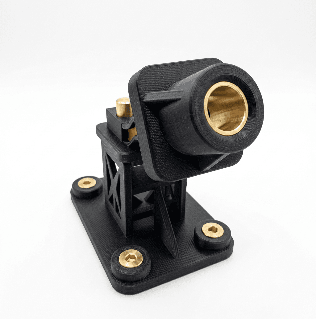 3D-printed vibration-isolating sensor mount with an X-braced truss column and a copper-lined M20 boss
